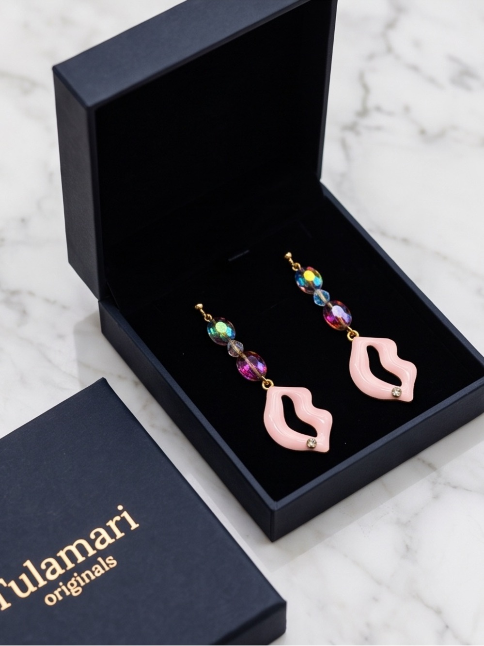 Pink Lip Drop Earrings with Iridescent Beads